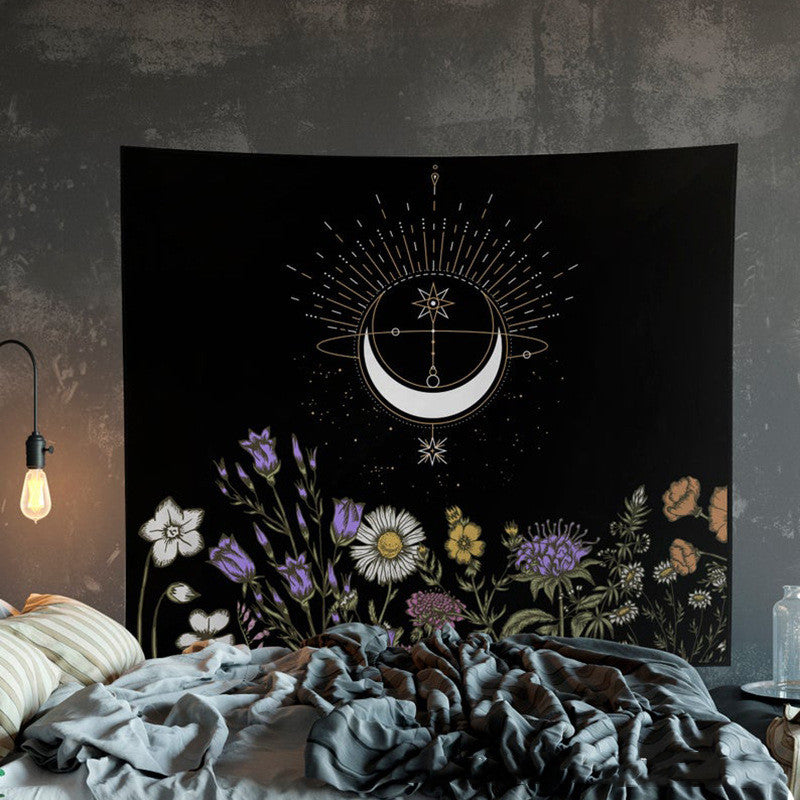 Moon Flowers Tapestry Wall Hanging, Black Wall Tapestry, Tarot Tablecloth, Floral Art, Moon Phase Print, Witchy Décor for Bedroom, Dorm