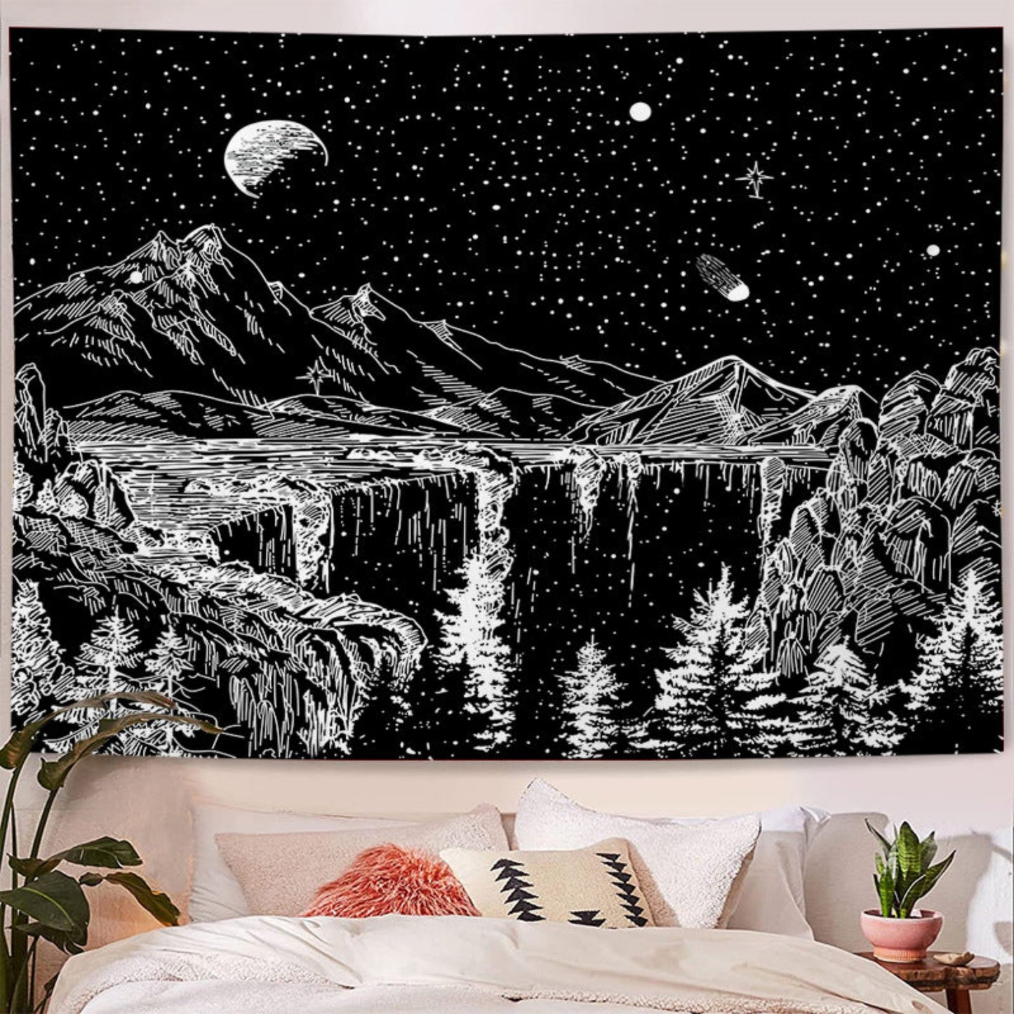 Black and White Tapestry, Starry Night Wall Hanging, Mountain Tapestry, Moon Stars Tapestry Trippy Nature Tapestry for Bedroom Living Room