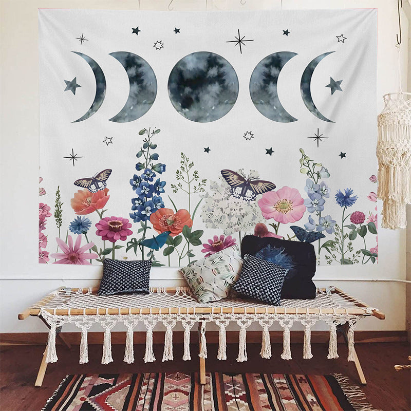 Moon Phase Wall Hanging Tapestry, Beige White Garden Floral Tapestry, Botanical Wall Art Lunar Tapestries, Bohemian Aesthetic Decor for Room