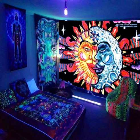 Fluorescent Tapestry ,  Sun and Moon Tapestry, Tarot Wall Hanging,  Psychedelic  Trippy, Hippie Tapestries Poster Art  for  Home Dorm Décor