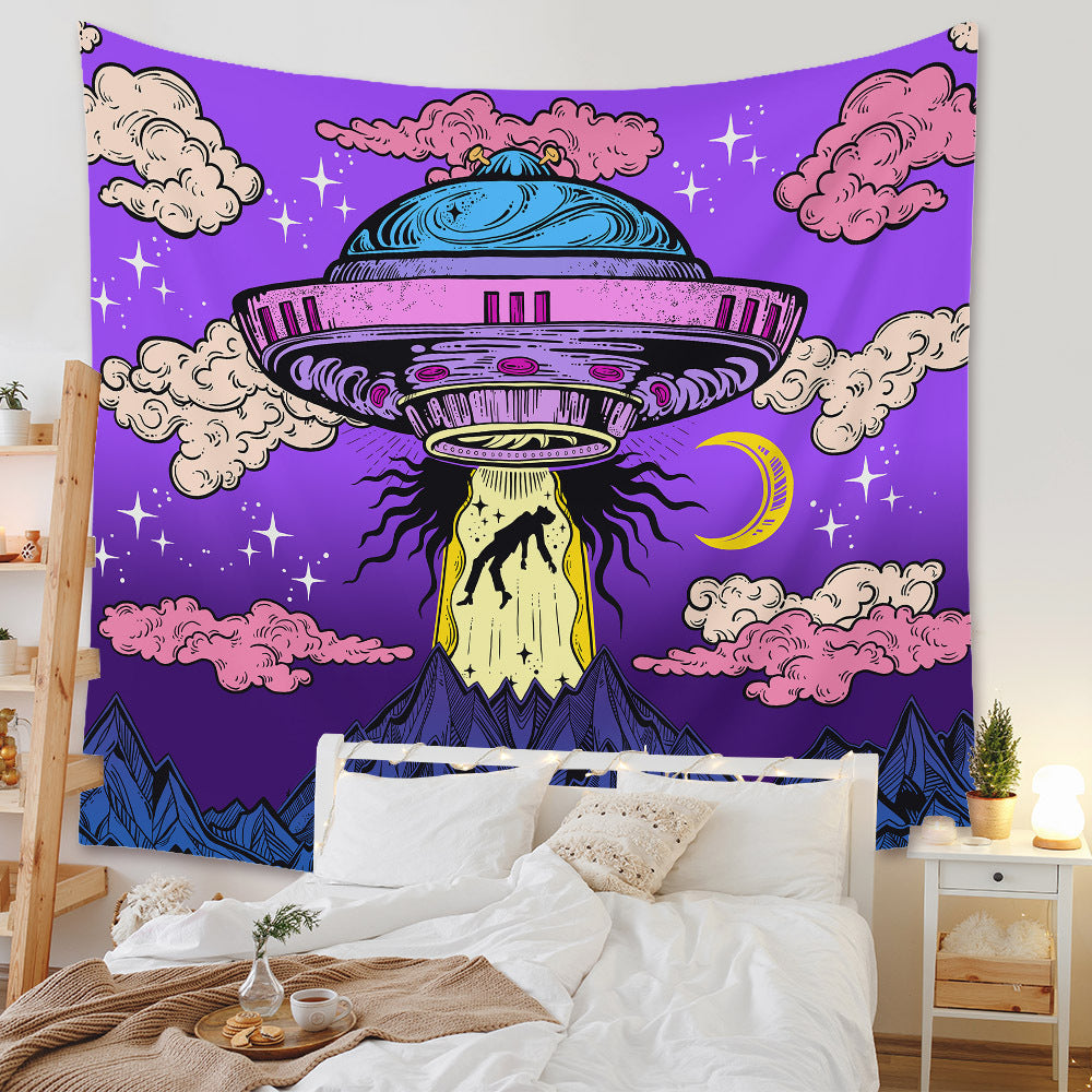 Alien World UFO Flying Saucer Tapestry ,Trippy Psychedelic Wall Hanging , Astronaut Stars Sky Tapestry, Conspiracy Theory Poster, Bedroom
