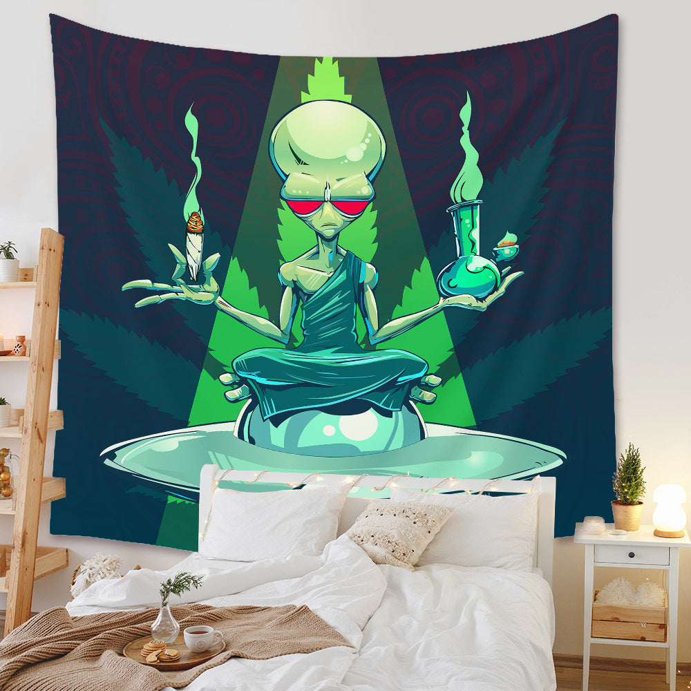 Alien Tapestry, Alien Poster, Ufo Art ,Trippy Psychedelic Wall Hanging , Cigar and Drug Marijuana Weed Tapestry, Living Room,  Bedroom