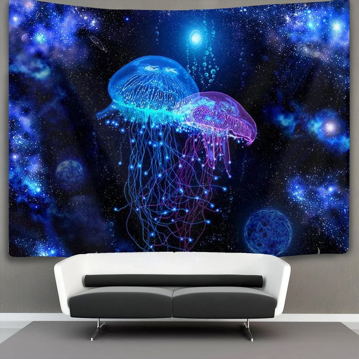 Cosmic Galaxy Undersea Sea Jellyfish Wall Tapestry, Blacklight UV Tapestry, Trippy Tapestry Blue, Fluorescent  Art, Party Décor, for Room