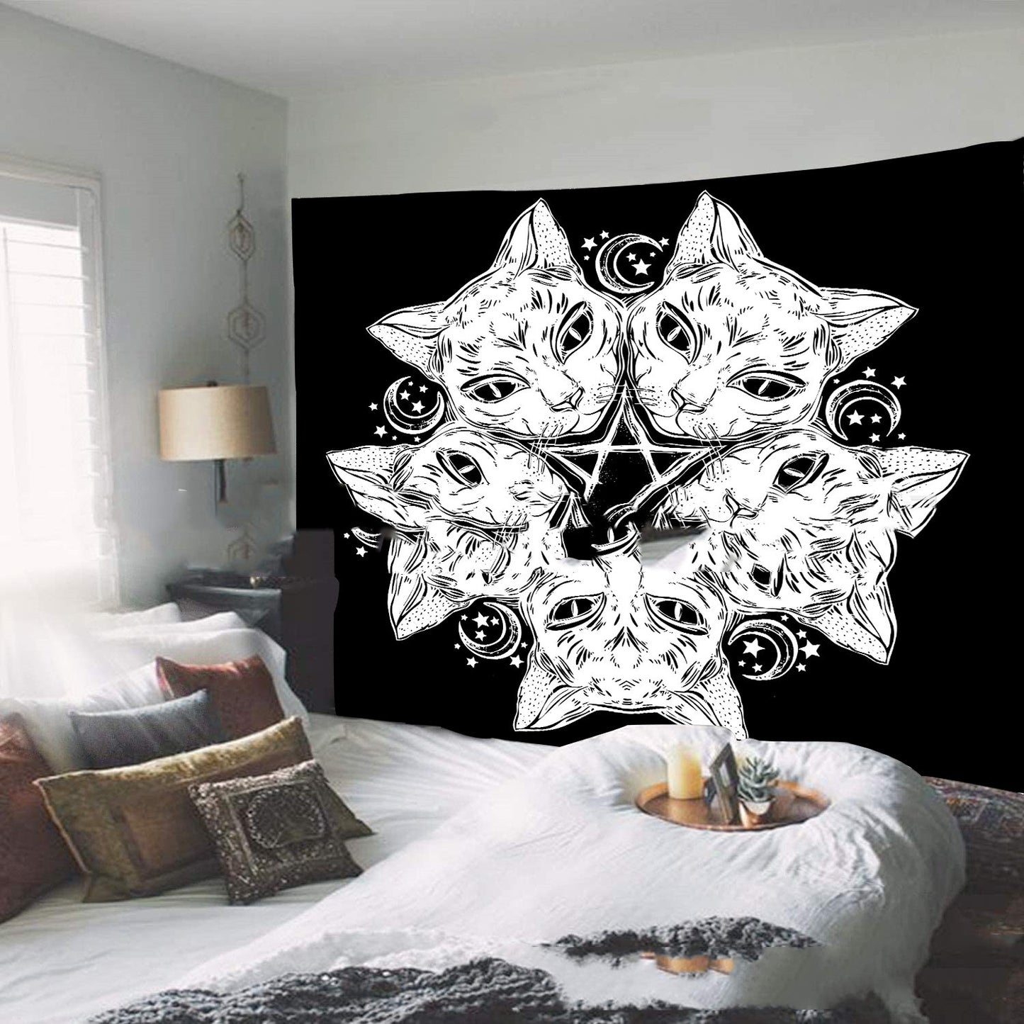 Magic Tapestry,  Black Cat Head Wall Hanging, Sun And Moon Tarot Cloth, Black and White Tapestry, Hippie, Gothic Mandala , Tablecloth, Cover