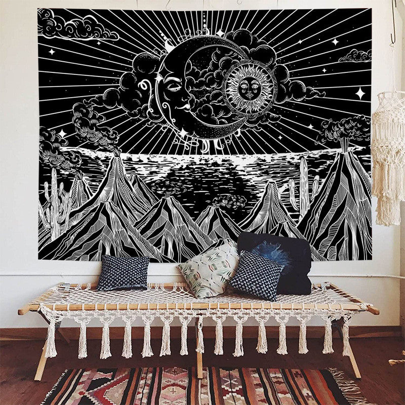 Sun and Moon Tapestry, Mountain Tapestry Aesthetic, Spiritual Stars Black and White Psychedelic Tapestry Wall Hanging Tapestries for Bedroom