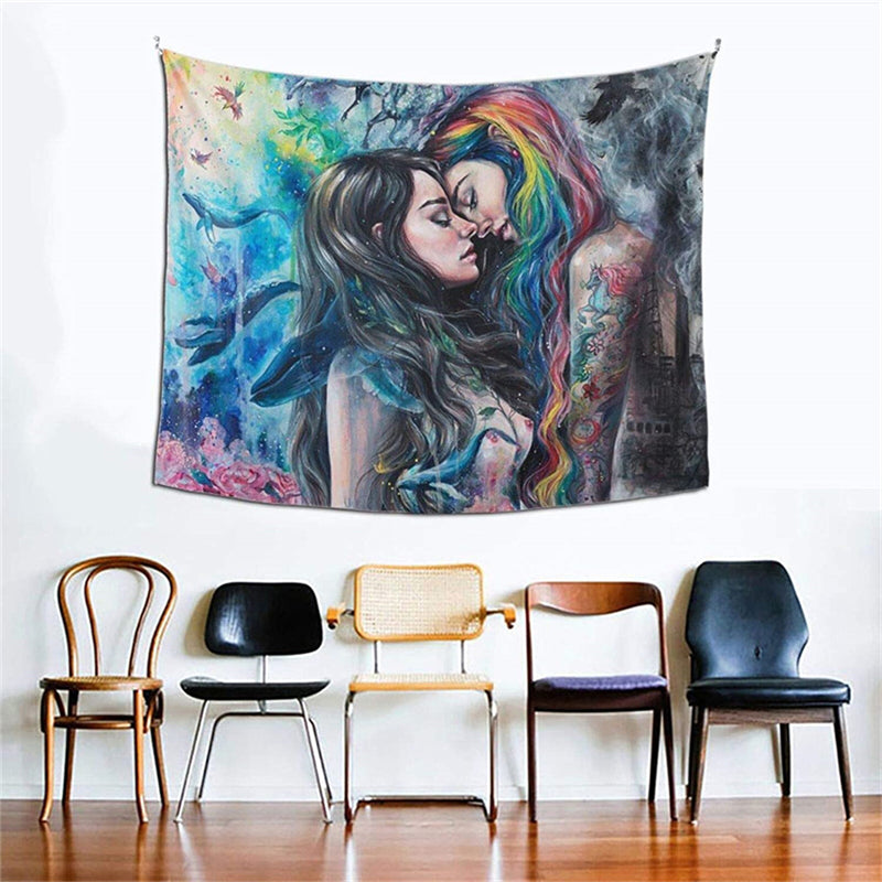 Lesbian LGBT Tapestry , Girls Kissing , Rainbow Hair , Girlfriend Lesbian Gift,   Love Wallpaper , Romantic Wall Hanging,  Teens Bedroom
