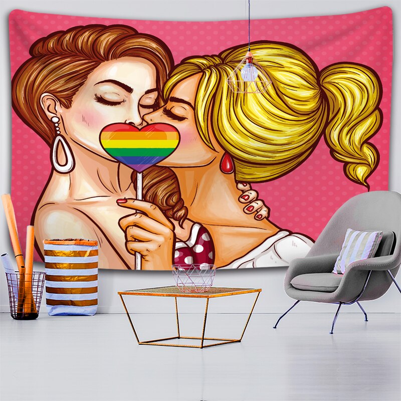 LGBT Tapestry , Girls Kissing with  Rainbow Heart , Girlfriend Lesbian Gift,  Guy Love Wallpaper , Romantic Wall Hanging,   Bedroom  Dorm