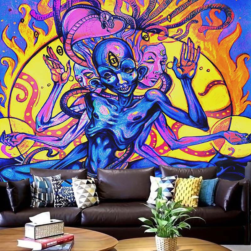 Blue Alien Tapestry,  Space Universe Ufo Wall Hanging, Colorful Psychedelic Abstract Trippy Blue Hippie Spiritual Tapestry ,Tapestries