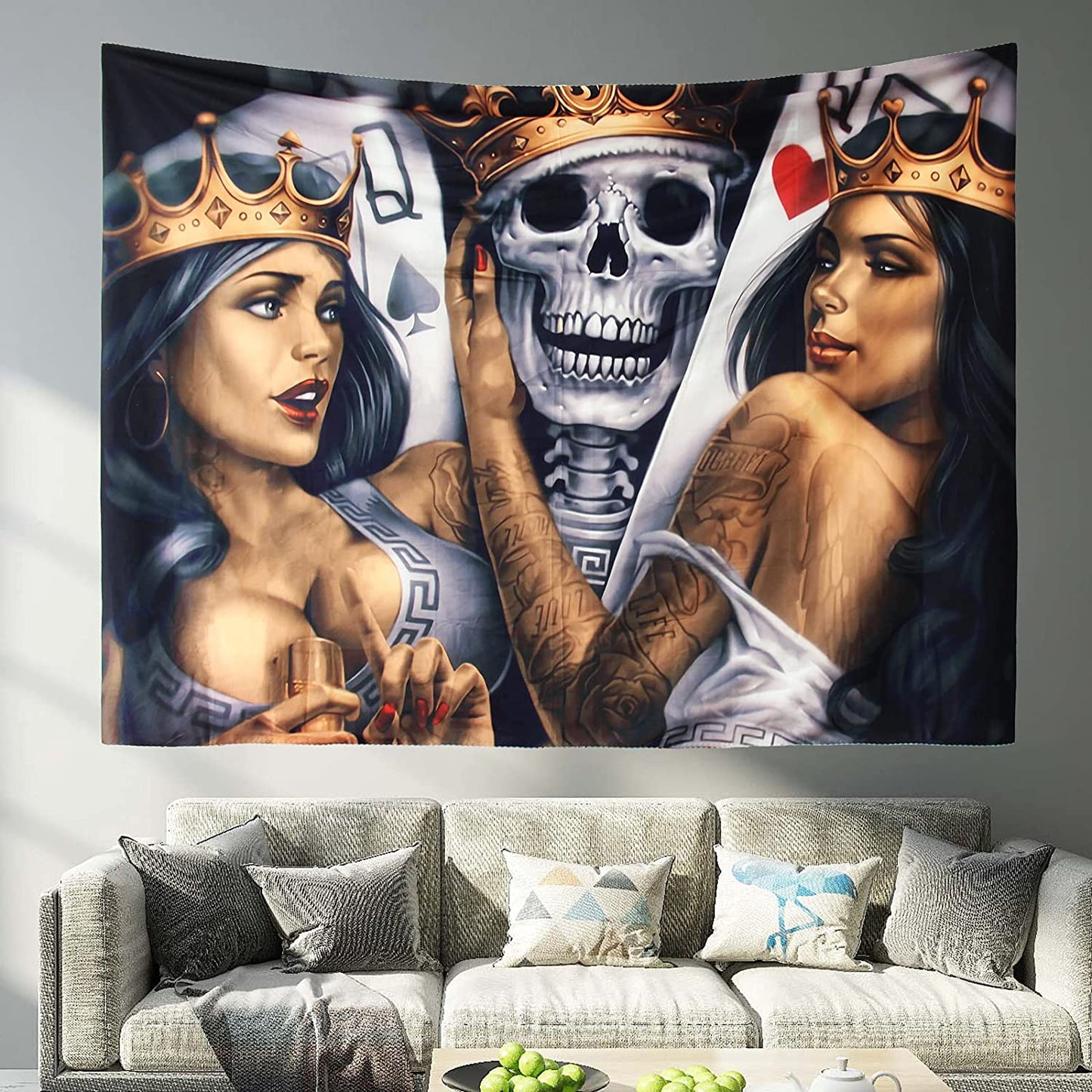 Sugar Skull with Crown Tapestry,  Skull Aesthetics,  Skeleton with Womens Wall Hanging , Witchy Decor Altar, Hippie Goth Trippy Home Décor