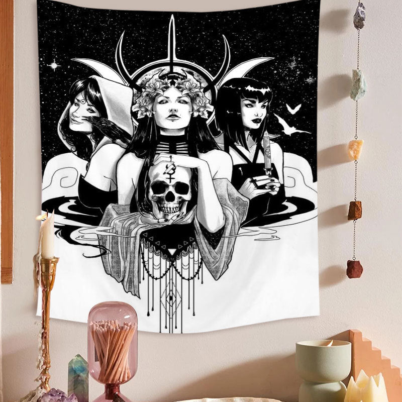 Moon Goddess Tapestry , Girl Skull Wall Hanging, Black And White Tapestry, Witchcraft Décor, Witch kit, Witchy Gifts , Tarot Card Cloth