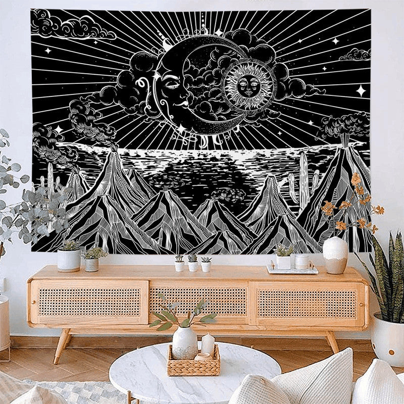 Sun and Moon Tapestry, Mountain Tapestry Aesthetic, Spiritual Stars Black and White Psychedelic Tapestry Wall Hanging Tapestries for Bedroom
