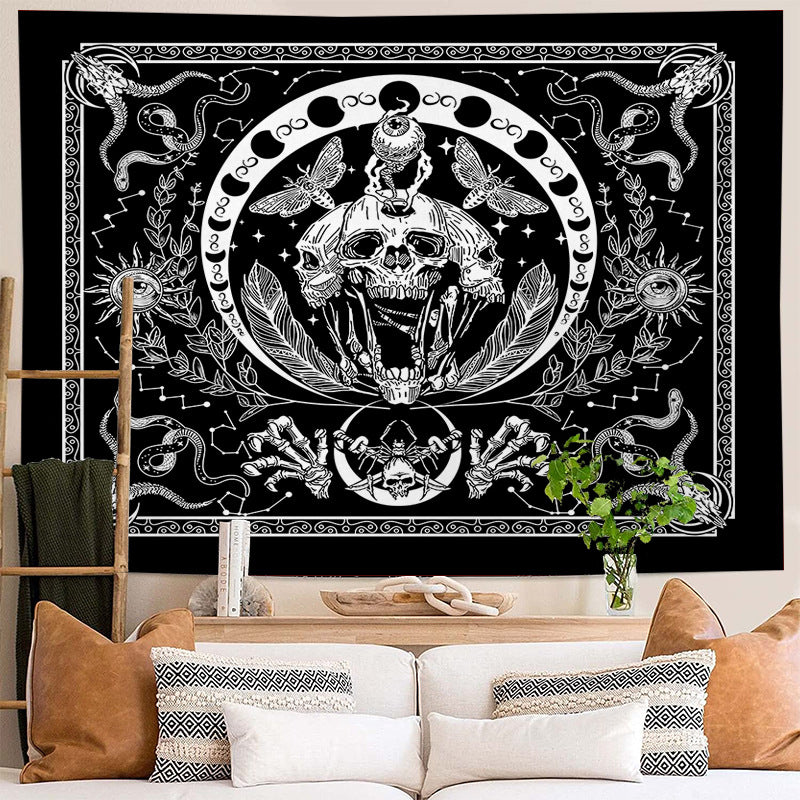 Skull Tapestry, Black and White Tapestries, Snake Tapestry Moth Tapestry, Trippy Skeleton Tapestry Mandala Moon Phase Wall Hanging for Room