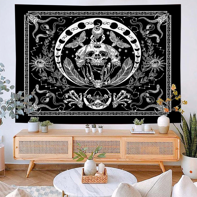 Skull Tapestry, Black and White Tapestries, Snake Tapestry Moth Tapestry, Trippy Skeleton Tapestry Mandala Moon Phase Wall Hanging for Room