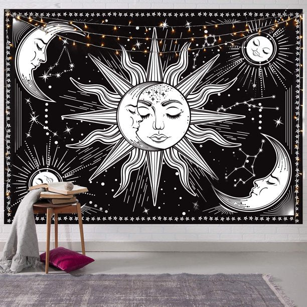 Black and White Tapestry ,Aesthetic  Wall Hanging Sun Moon Star Tapestry Wall Art for Bedroom, Celestial, Tarot Card, Living Room, Dorm