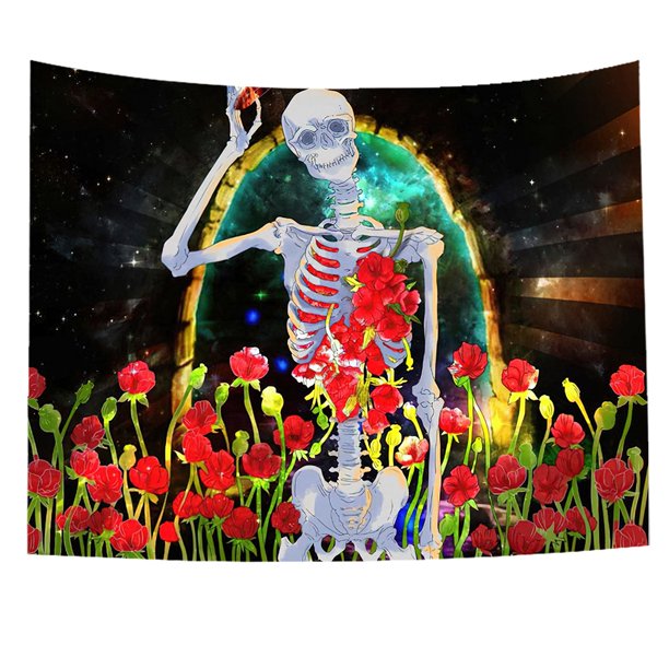 Skeleton Tapestry, Human Skull Floral Wall Hanging, Tarot  Cloth, Psychedelic Hippie Trippy Art Tapestry for Living Room Bedroom Dorm