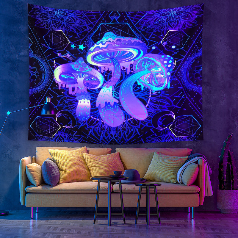 UV Black Light Fluorescent Wall Hanging,  Mushroom Tapestry, Neon Fairy Tapestry, Psychedelic Mushroom, Trippy Tapestry Blue, Party Décor