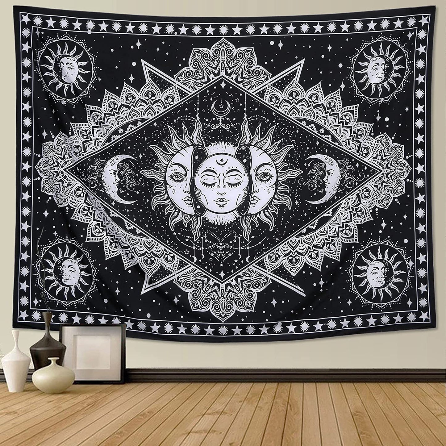 Sun and Moon Wall Hanging, Black and White Tapestry, Tarot Design, Chakra Mystic Mandala, Aesthetics Wall Art for Living Room and Bedroom