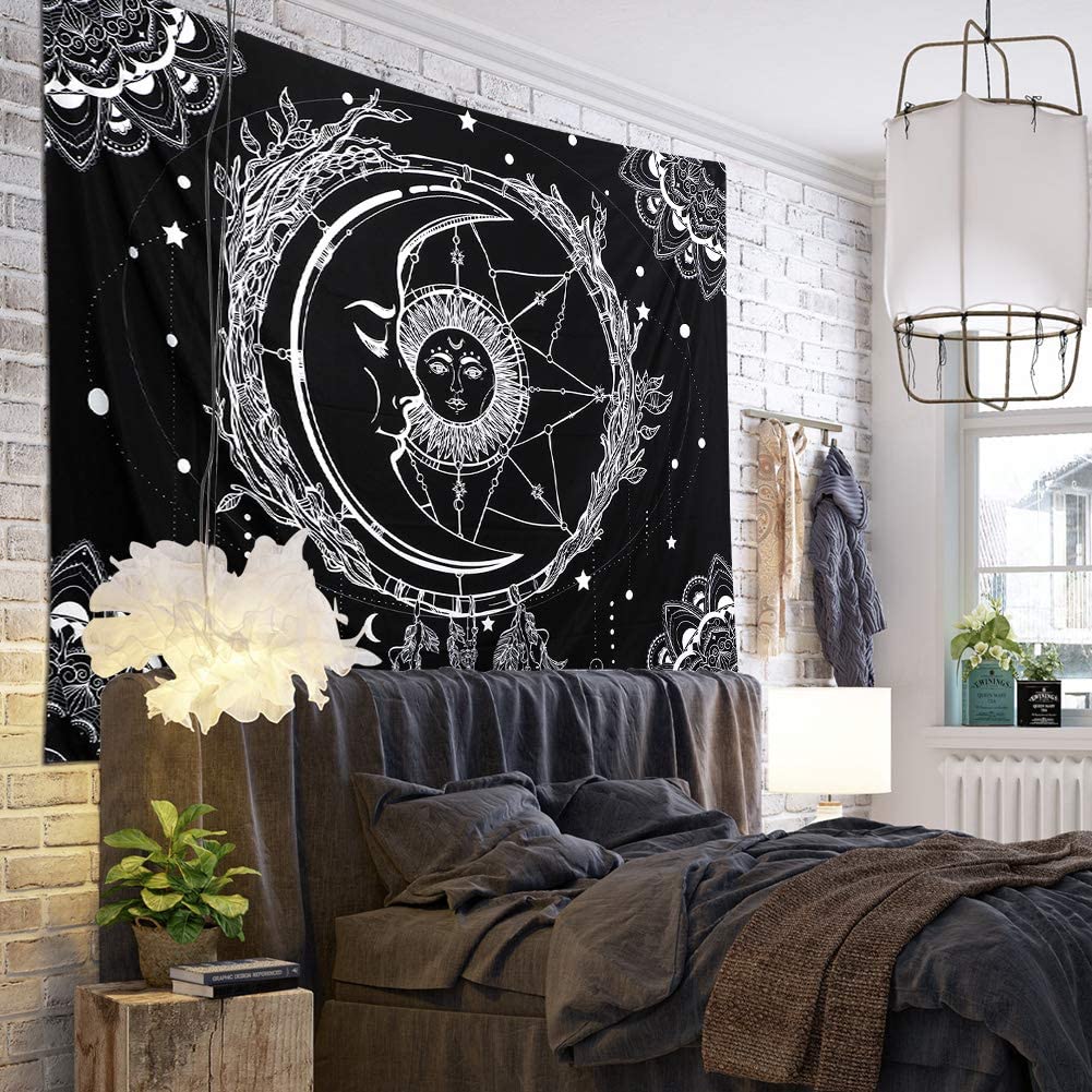 Moon and Sun Tapestry , Black and White Starry Sky Mandala, Hippy Celestial Wall Hanging,Tarot Cloth, Dreamcatcher for Bedroom Living Room