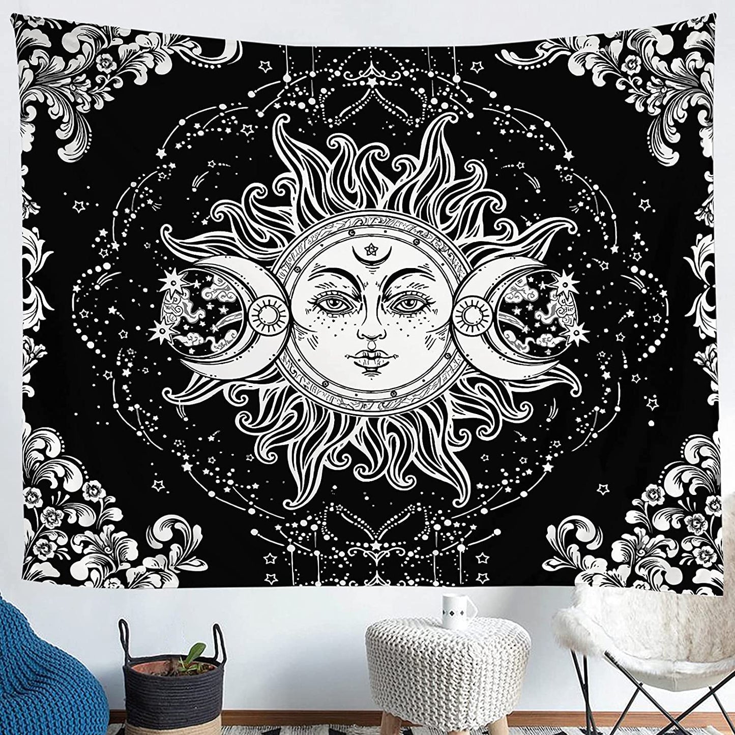 Sun and Moon Tapestry, Stary Night Wall Hanging, Black and White Tapestry, Tarot Cloth, Psychedelic Wall Art for Living Room Décor, Bedroom