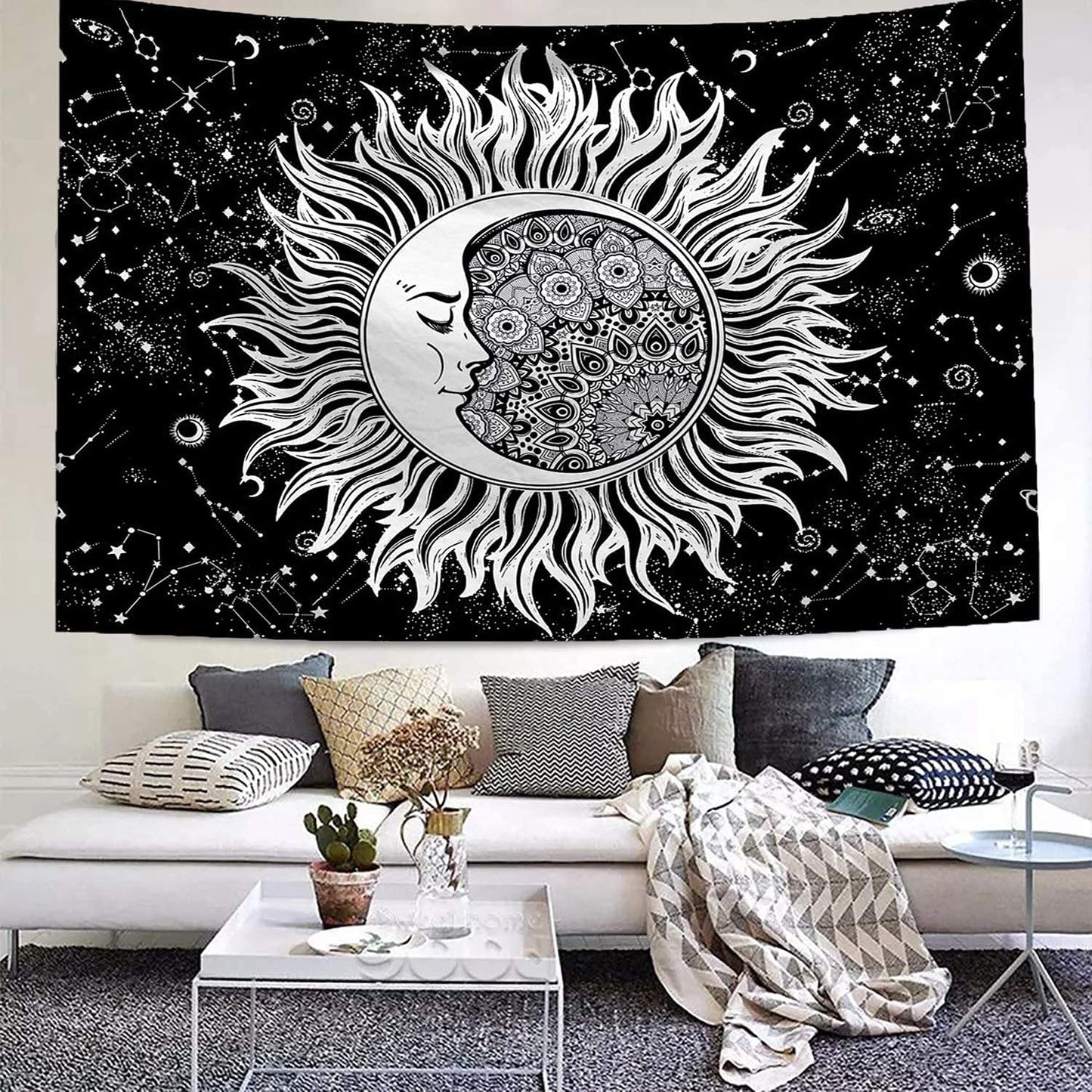 Moon and Sun Psychedelic Tapestry,Black and White Wall Hanging ,Tarot Art ,Home Décor, Tablecloth, Tapestry for Living Room, Bedroom Decor