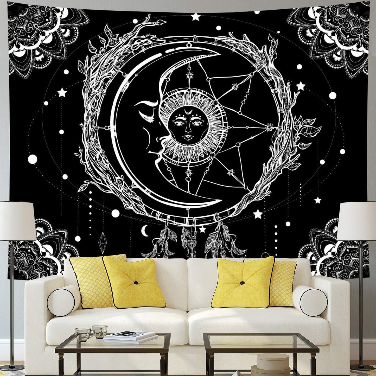 Moon and Sun Tapestry , Black and White Starry Sky Mandala, Hippy Celestial Wall Hanging,Tarot Cloth, Dreamcatcher for Bedroom Living Room