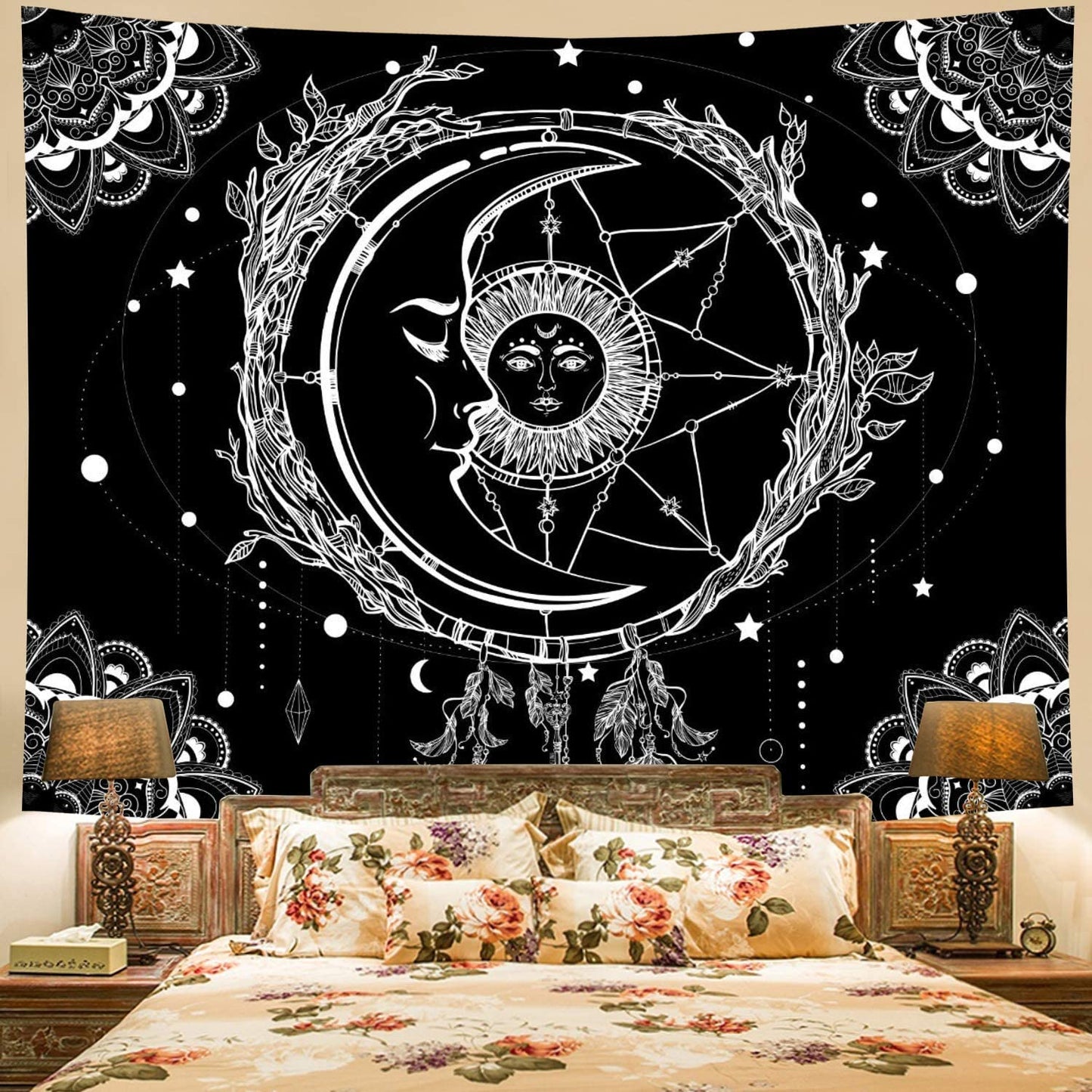 Moon and Sun Tapestry , Black and White Starry Sky Mandala, Hippy Celestial Wall Hanging,Tarot Cloth, Dreamcatcher for Bedroom Living Room