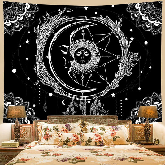 Moon and Sun Tapestry , Black and White Starry Sky Mandala, Hippy Celestial Wall Hanging,Tarot Cloth, Dreamcatcher for Bedroom Living Room