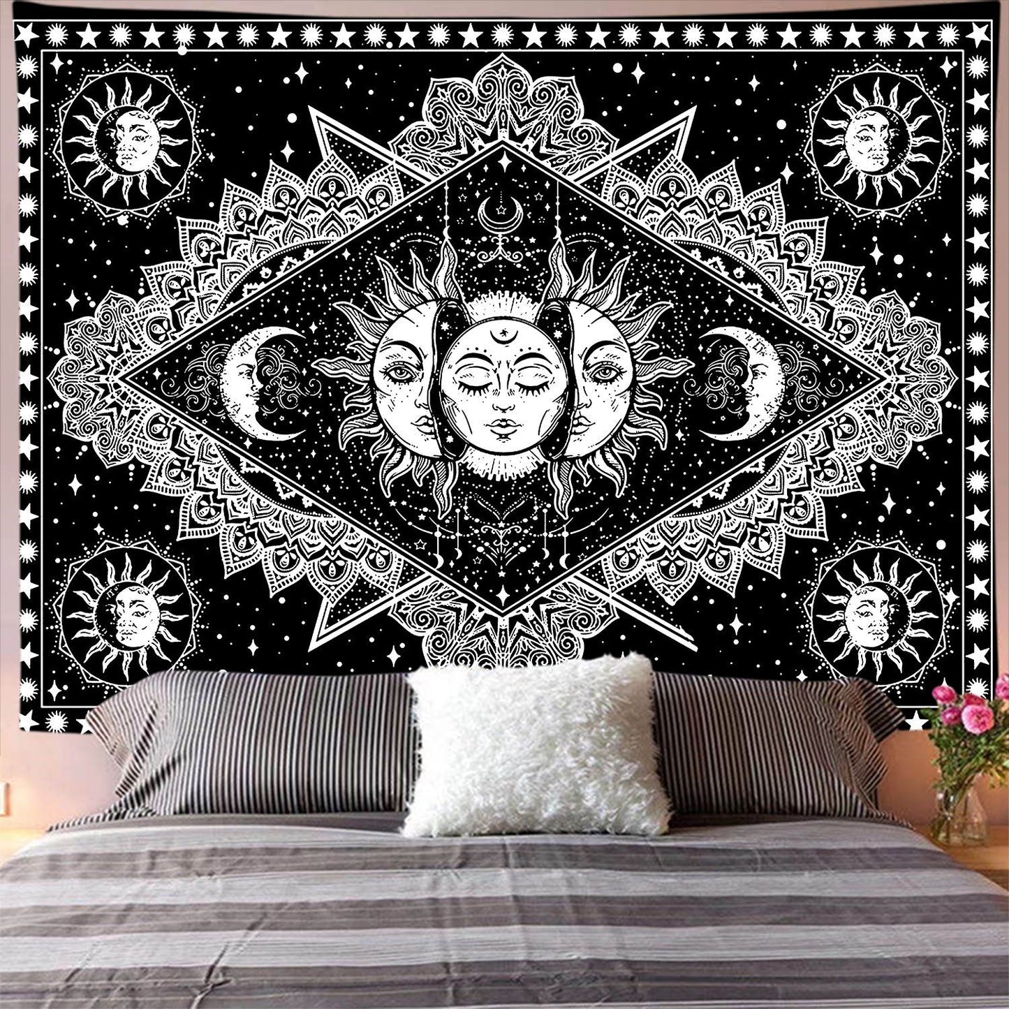 Sun and Moon Wall Hanging, Black and White Tapestry, Tarot Design, Chakra Mystic Mandala, Aesthetics Wall Art for Living Room and Bedroom