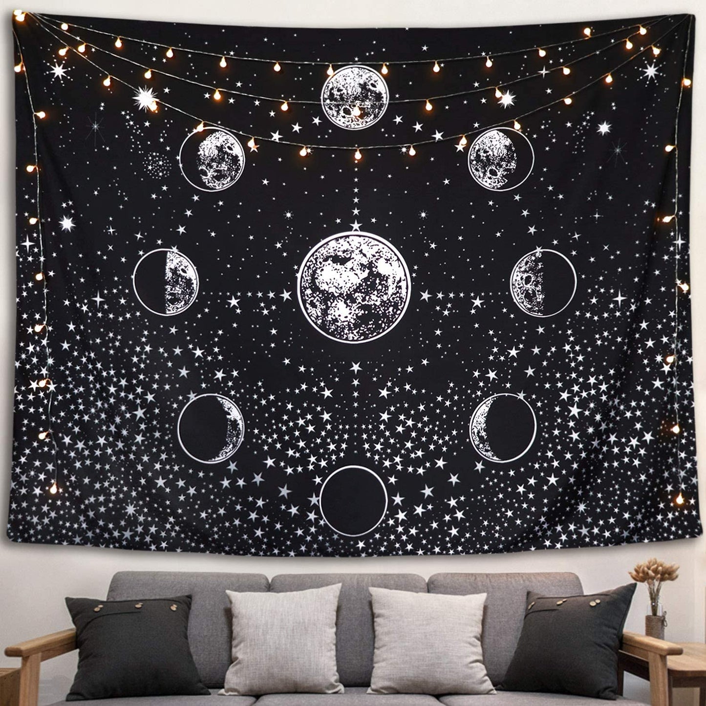 Moon Phase Tapestry , Black and White Wall Hanging, Starry Night , Sky , Universe, Galaxy Décor , Celestial Tarot Posters For Bedroom Room
