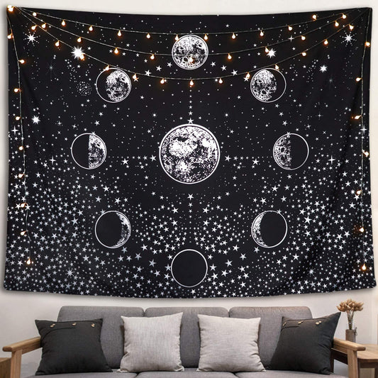 Moon Phase Tapestry , Black and White Wall Hanging, Starry Night , Sky , Universe, Galaxy Décor , Celestial Tarot Posters For Bedroom Room