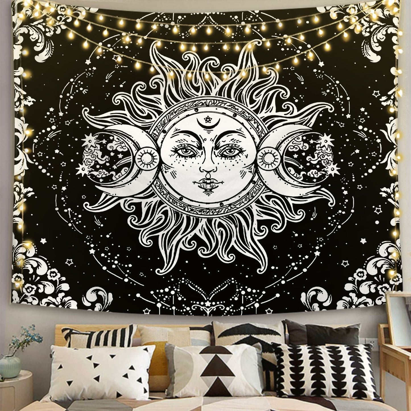 Sun and Moon Tapestry, Stary Night Wall Hanging, Black and White Tapestry, Tarot Cloth, Psychedelic Wall Art for Living Room Décor, Bedroom