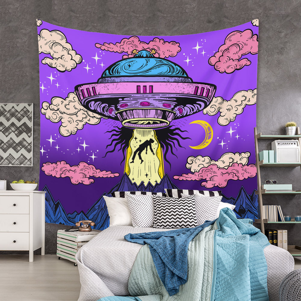 Alien World UFO Flying Saucer Tapestry ,Trippy Psychedelic Wall Hanging , Astronaut Stars Sky Tapestry, Conspiracy Theory Poster, Bedroom