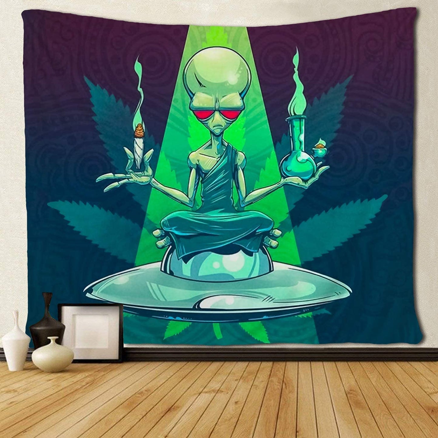 Alien Tapestry, Alien Poster, Ufo Art ,Trippy Psychedelic Wall Hanging , Cigar and Drug Marijuana Weed Tapestry, Living Room,  Bedroom