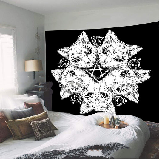 Magic Tapestry,  Black Cat Head Wall Hanging, Sun And Moon Tarot Cloth, Black and White Tapestry, Hippie, Gothic Mandala , Tablecloth, Cover