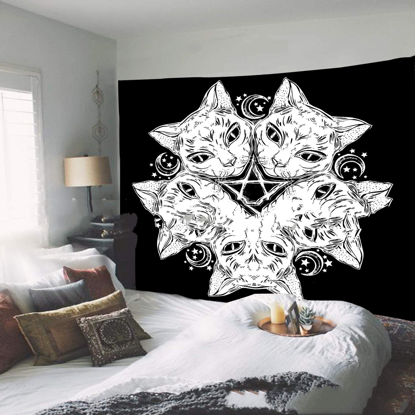 Magic Tapestry,  Black Cat Head Wall Hanging, Sun And Moon Tarot Cloth, Black and White Tapestry, Hippie, Gothic Mandala , Tablecloth, Cover
