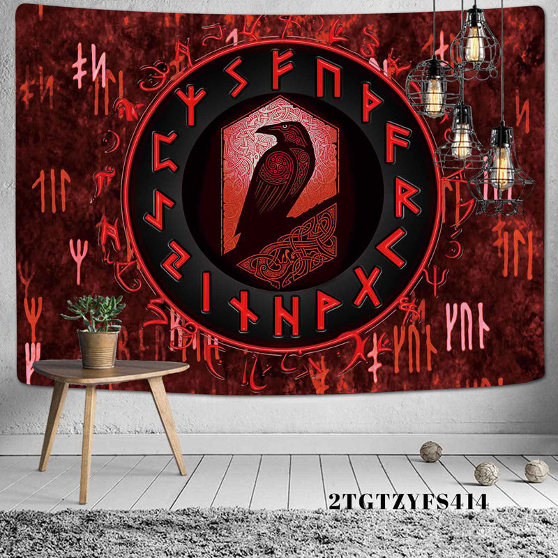 Viking Tapestry , Red Wall Hanging Raven Meditation Runes Wall Art for Bedroom Aesthetic Gothic Room Decor