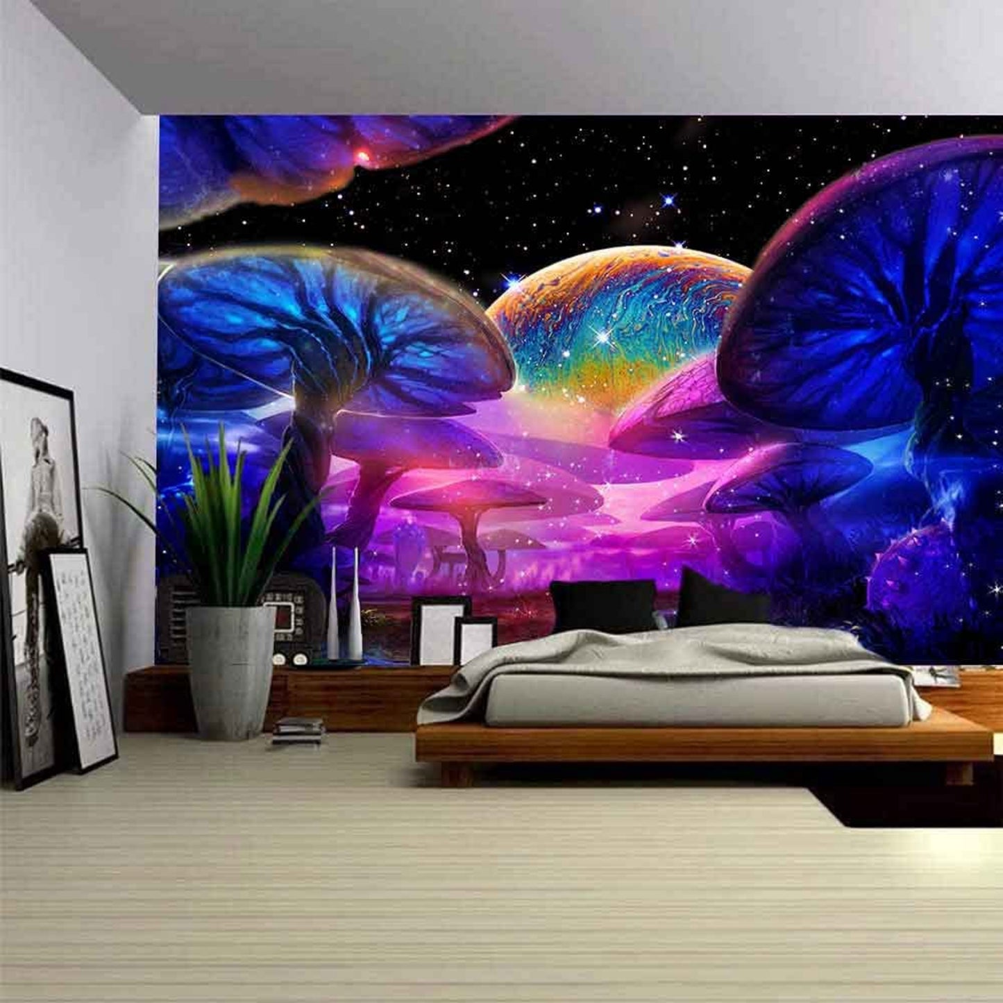 Trippy Mushroom Tapestry, Psychedelic Wall Hanging, Fantasy Fairy Décor, Fluorescent Tapestries, UV Reactive Backlight Space Art Print