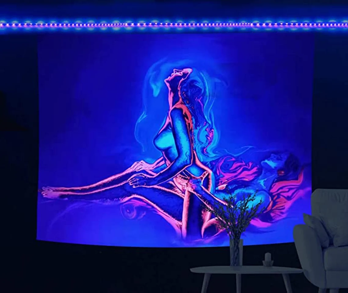 Burning Love Tapestry, Lovers Art Abstract Wall Hangings, UV Reactive Tapestry, Psychedelic Trippy Fluorescent Black Light Bedroom Décor