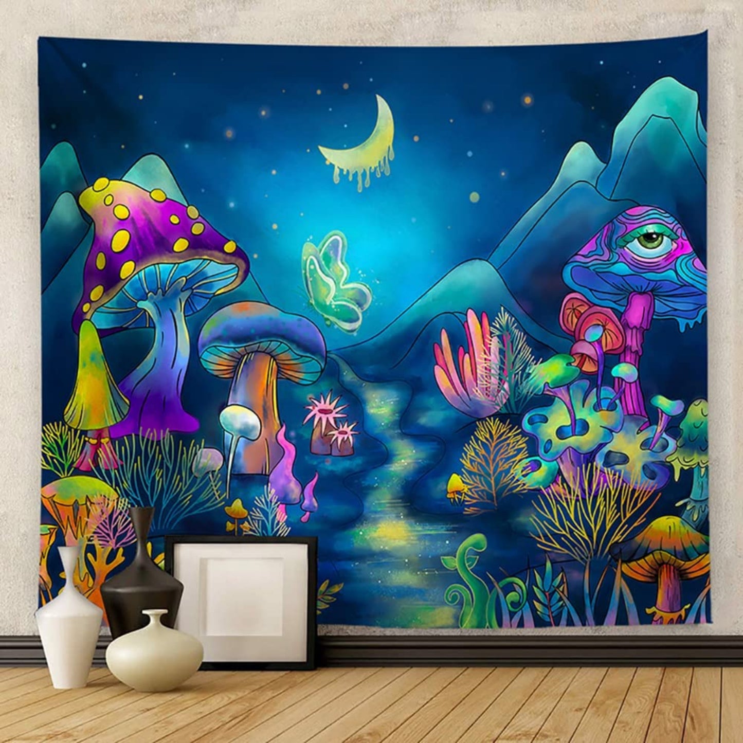 Trippy Mushroom Tapestry, Floral Tapestries, Blacklight Wall Hangings, UV Reactive Tapestry, Glow in the Dark Backdrop  Bedroom Living Room