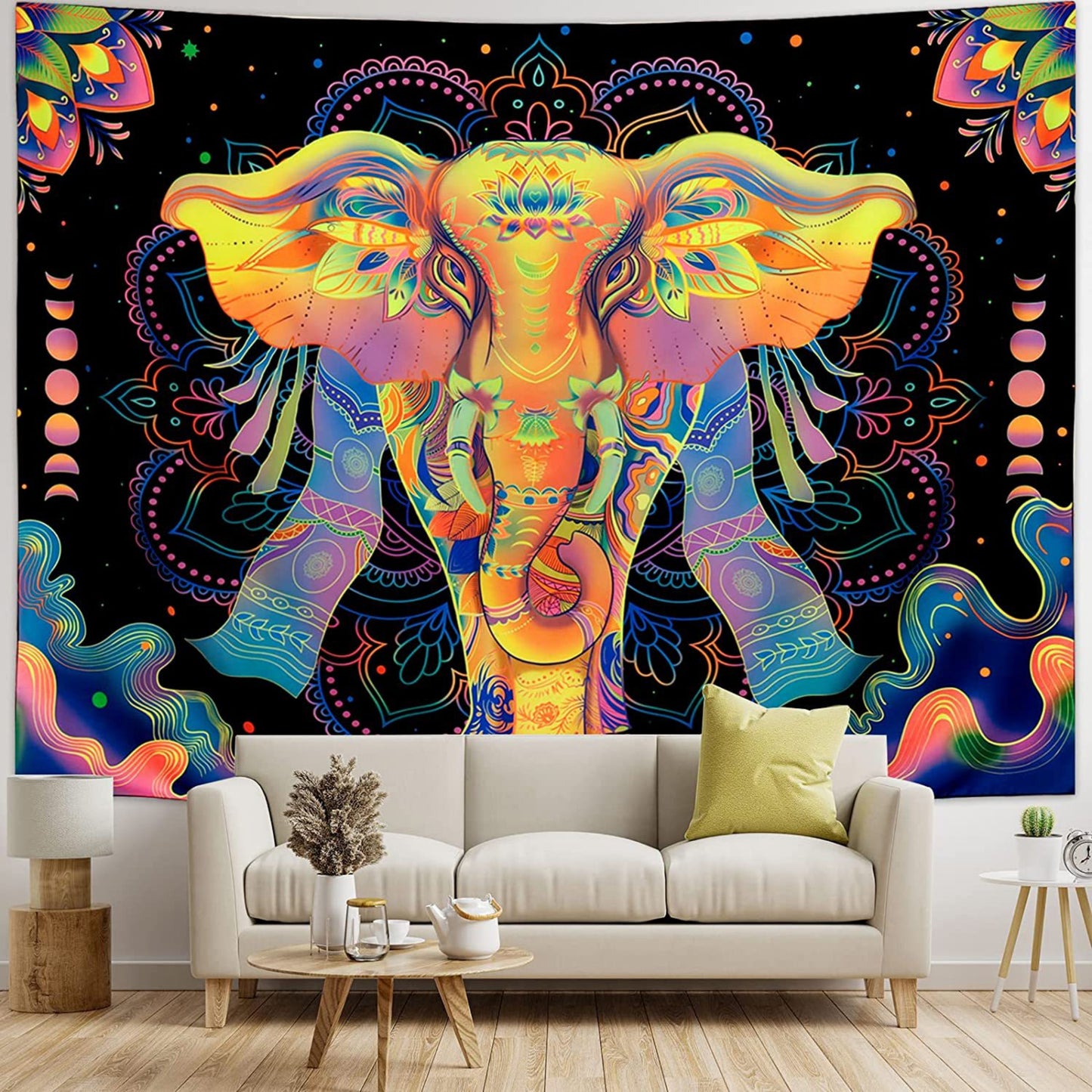 Blacklight UV Reactive Elephant Tapestry, Trippy Mandala Tapestry, Psychedelic Aesthetic Neon Hippie Décor for Living Room Dorm Bedroom