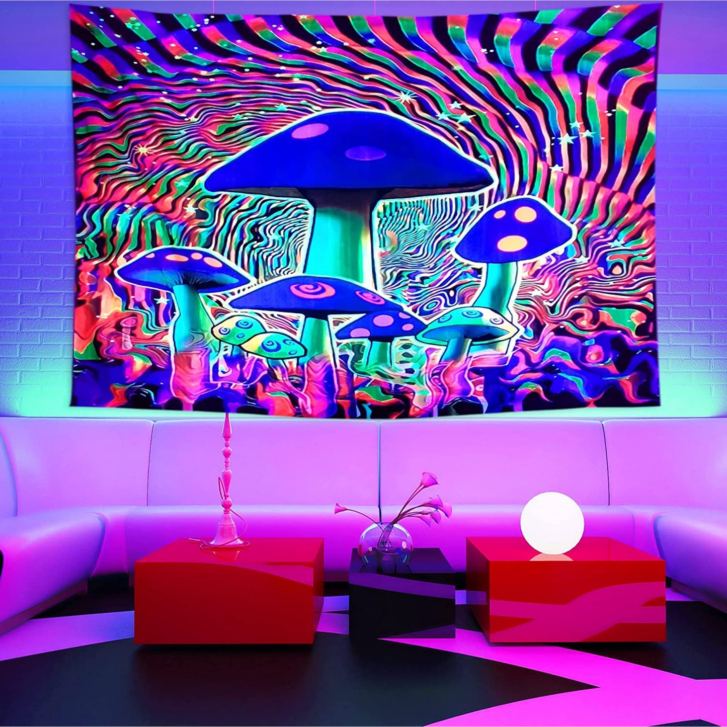 Blacklight Mandala Tapestry, Psychedelic UV Reactive Trippy Mushroom Wall Hanging, Fluorescent Neon Tapestries, Aesthetic Room Décor, Dorm