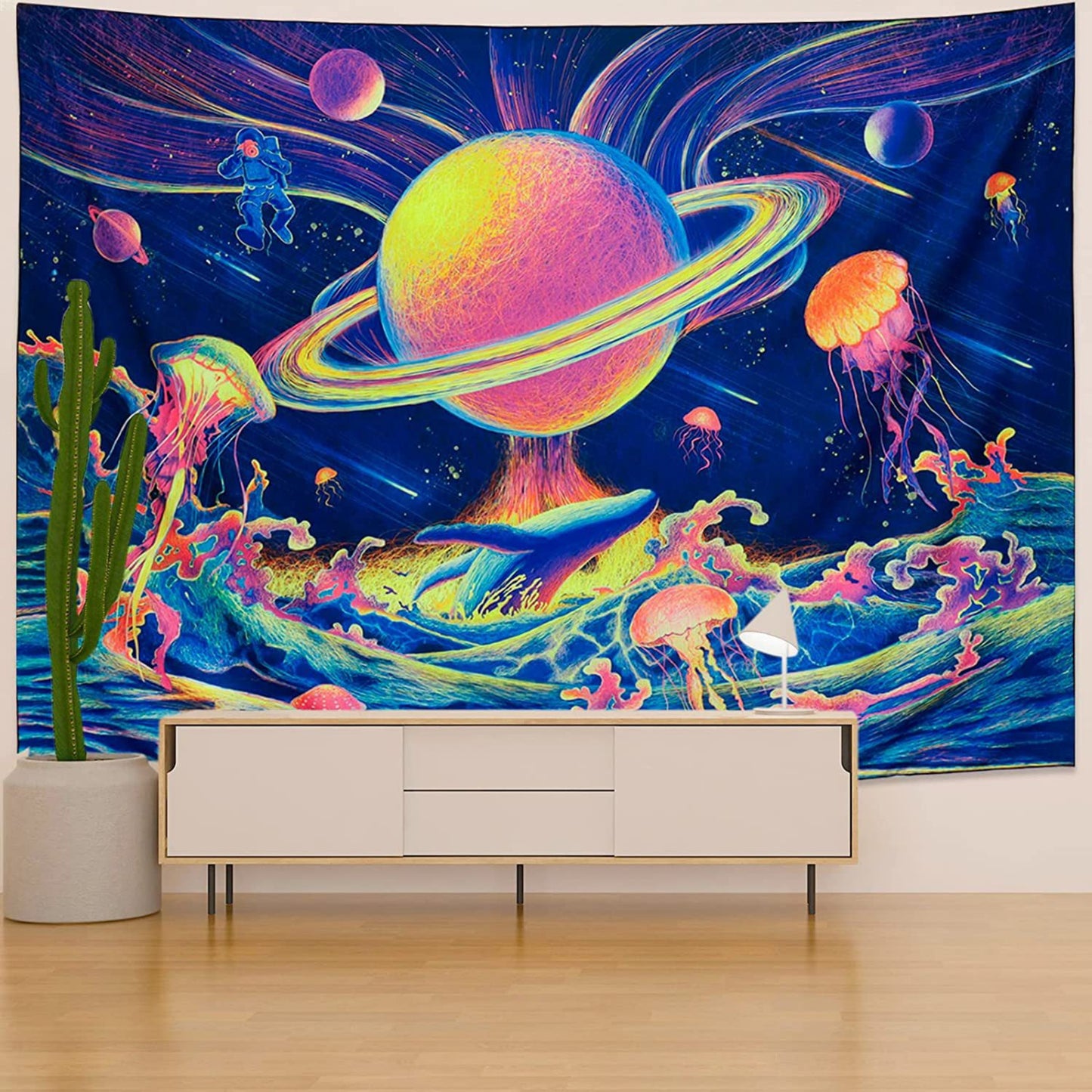 UV Reactive Tapestry, Trippy Tapestry Wall Hanging, Blacklight Planet, Galaxy, Jellyfish, Universe, Ocean ,Fantasy Wall Tapestry for Bedroom