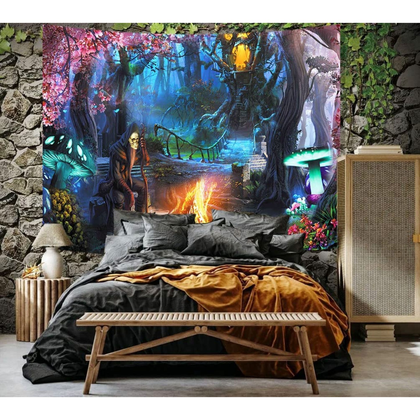 Fantasy Forest Psychedelic Tapestry, Trippy Mushrooms Wall Hanging,  Skeleton Bonfire Party Tapestries, Hippie Boho Cute Funny Magic Décor