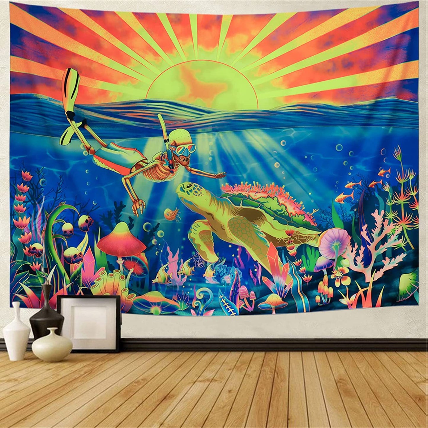 Blacklight Diver Tapestry Wall Art, Trippy Sun Wall Hanging,  UV Reactive Turtle  ,Under the Sea, Ocean, Landscape Tapestries for Bedroom