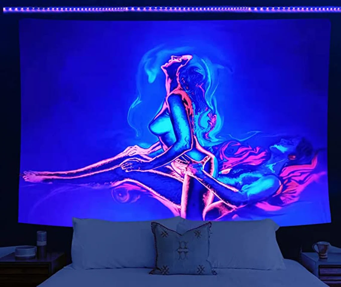 Burning Love Tapestry, Lovers Art Abstract Wall Hangings, UV Reactive Tapestry, Psychedelic Trippy Fluorescent Black Light Bedroom Décor