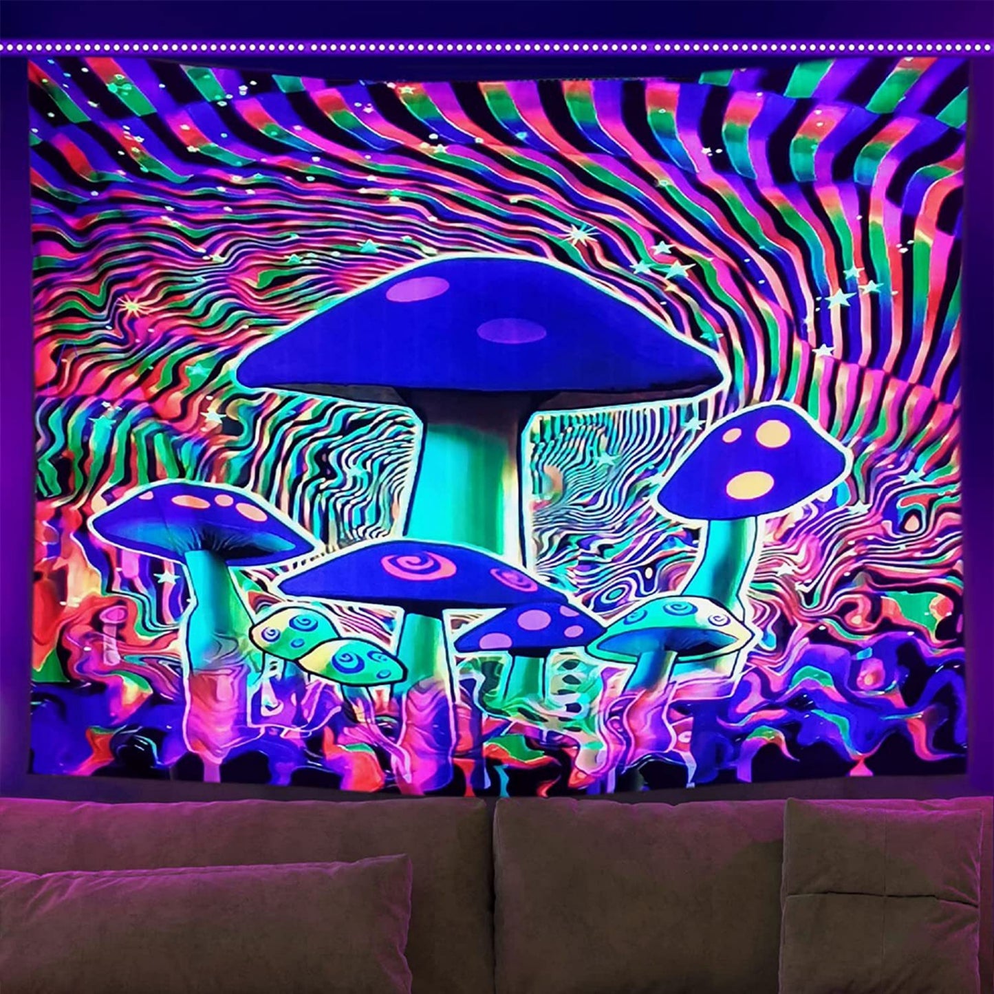 Blacklight Mandala Tapestry, Psychedelic UV Reactive Trippy Mushroom Wall Hanging, Fluorescent Neon Tapestries, Aesthetic Room Décor, Dorm