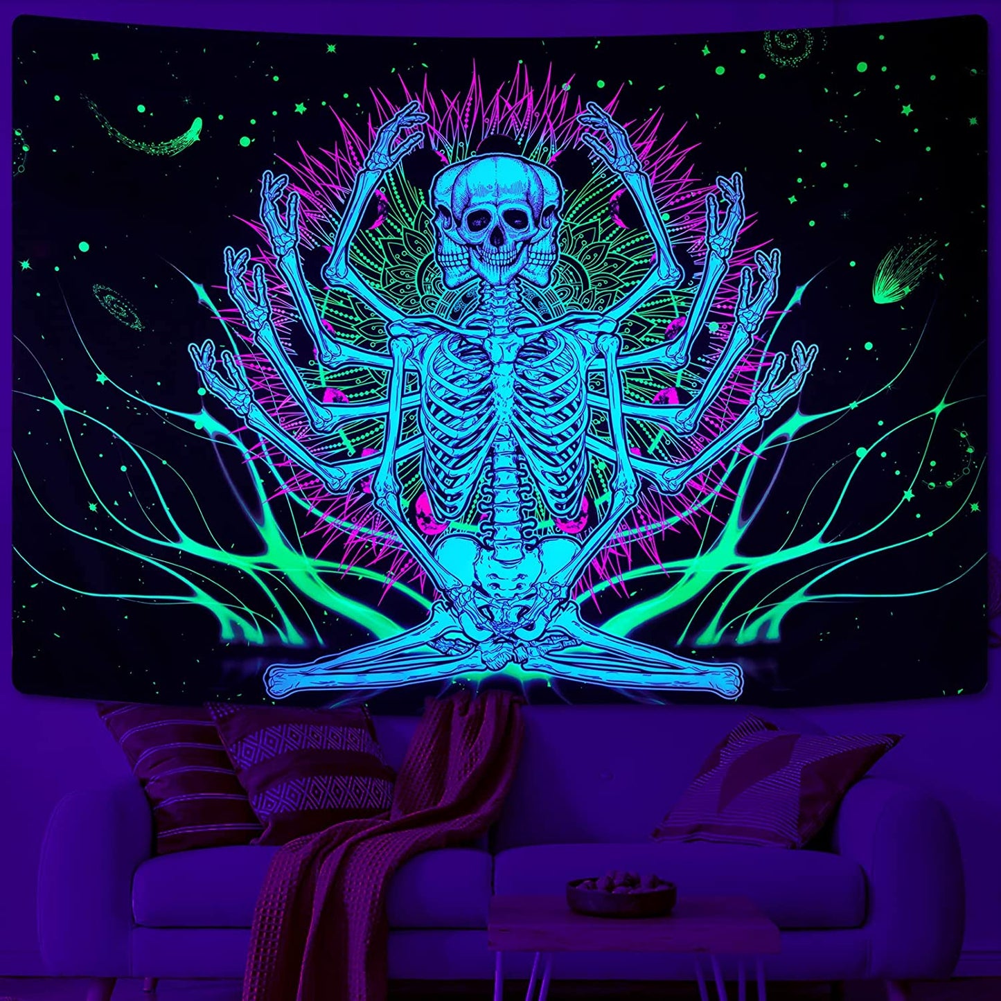 Blacklight Skeleton Tapestry , UV Reactive Trippy Neon Mandala Tapestry, Glow in the Dark Horror Skull Tapestries Gothic Wall Décor Party