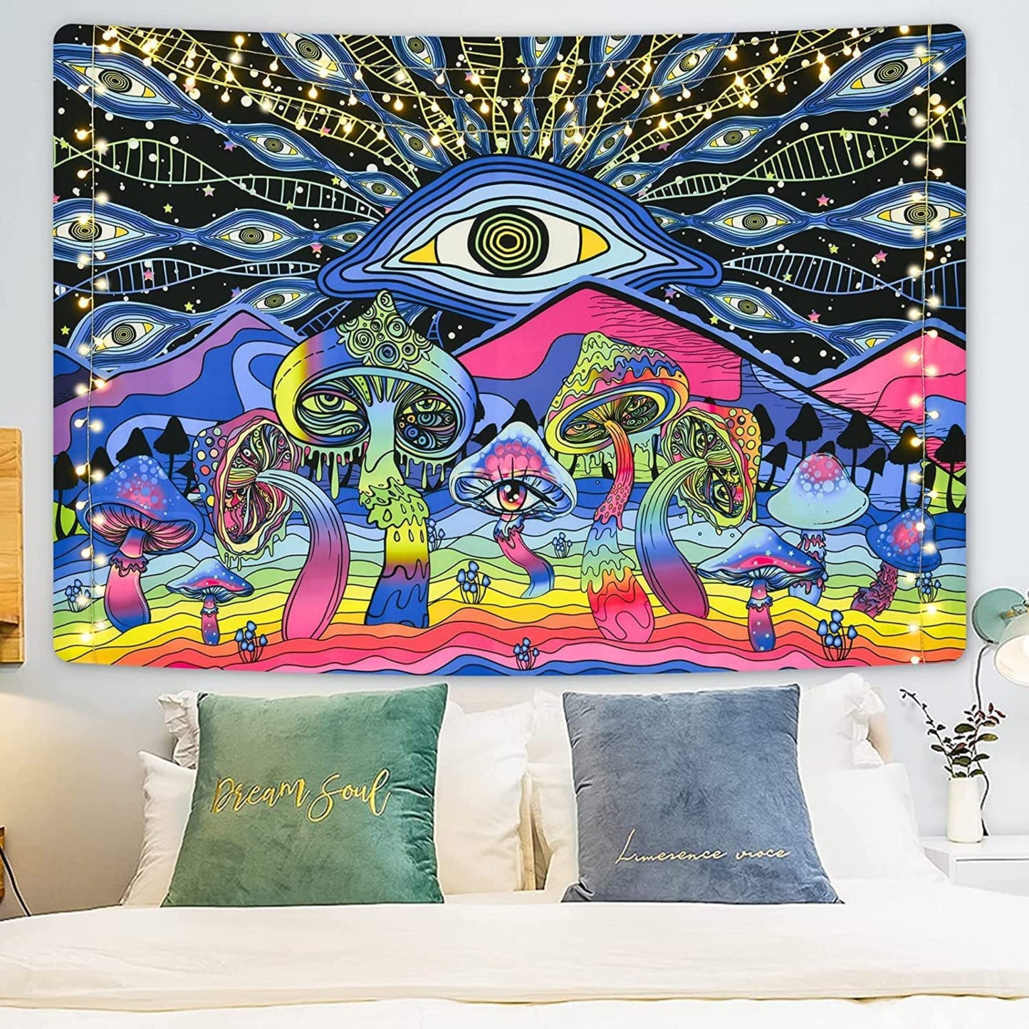 Psychedelic Mushroom Mandala Tapestry,  Blacklight UV Reactive Trippy Wall Hanging, Fluorescent Moon and Stars, Fantasy Plants Décor, Dorm