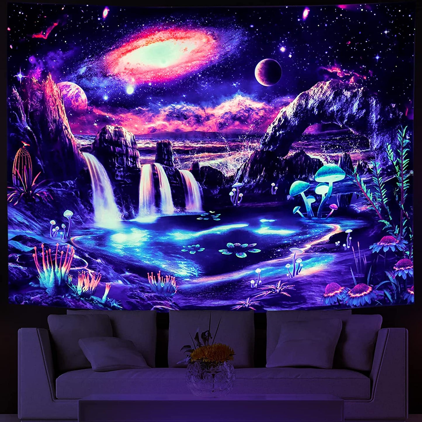 UV Black Light Wall Hanging, Fluorescent Galaxy Tapestry,  Trippy Fantasy Mountain Planet Tapestry, Psychedelic Mushroom, Waterfall Mandala