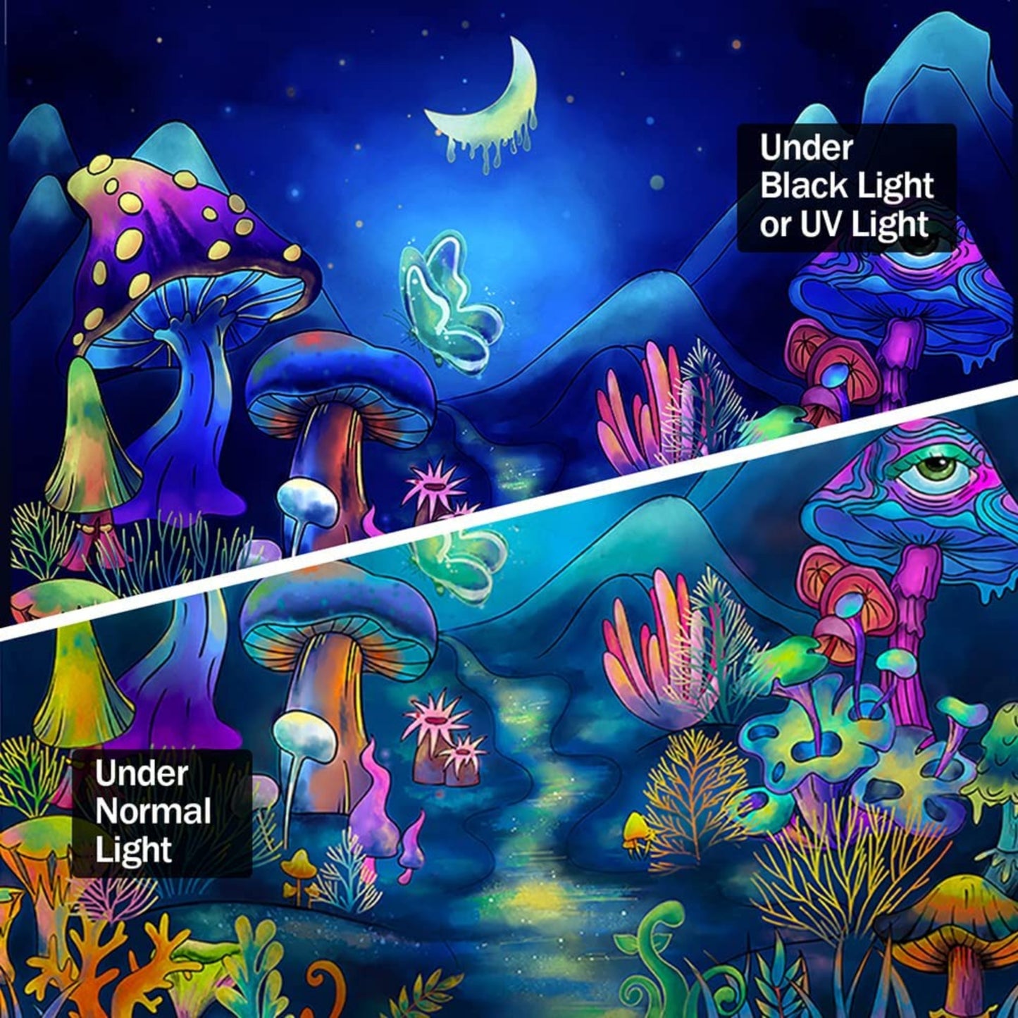 Trippy Mushroom Tapestry, Floral Tapestries, Blacklight Wall Hangings, UV Reactive Tapestry, Glow in the Dark Backdrop  Bedroom Living Room